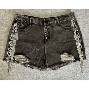NWT SAVANNA JANE Black DENIM  RHINESTONE FRINGE Jean Shorts Large Cowgirl